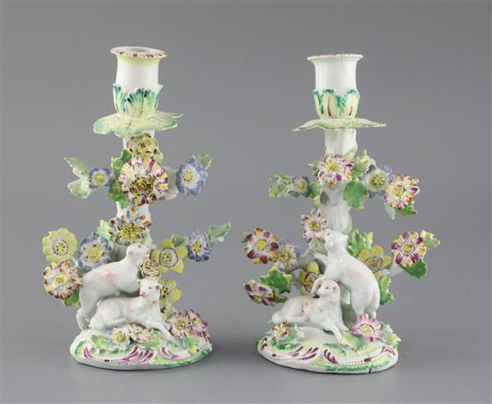 A pair of early Derby sheep candlesticks, c.1758, H. 21cm